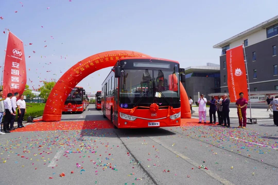 Ankai pure electric buses ready for export to Nigeria with advanced battery systems and modern bus interiors.